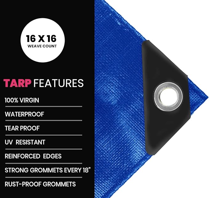 PROTARP Extreme Heavy Duty 22 Mil Tarp Cover, Waterproof, UV Resistant, Rip and Tear Proof, Poly Tarpaulin with Reinforced Edges for Roof, Camping, Patio, Pool, Boat. (Blue 20′ X 30′)