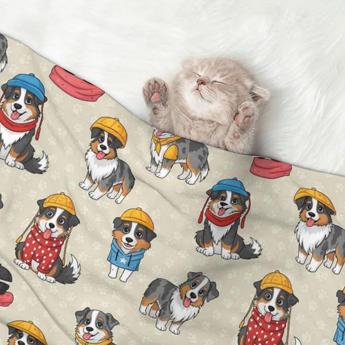 Pet Blanket for Travel and Home, Cute Australian Shepherd Dog and Puppy, Reversible Plush Dot Design with Soft Grip Texture on One Side Perfect for Car Seats Moving Vehicles