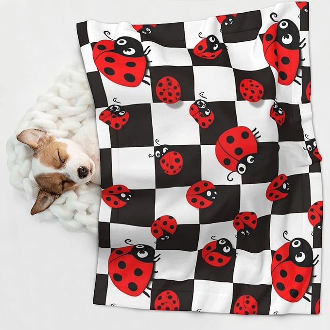 Waterproof Dog Blanket Soft Pet Blanket for Puppy Cat, Fleece Cat Throw Blankets for Furniture Bed Couch Sofa Reversible - Ladybugs of Black and White Checkers