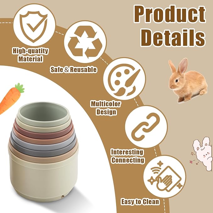 8 Pcs Stacking Cups for Rabbits,Nesting Rabbit Toys of Different Sizes,Bunny Stacking Cups for Hiding Food and Playing,Guinea Pig Stacking Cups (Pastel)
