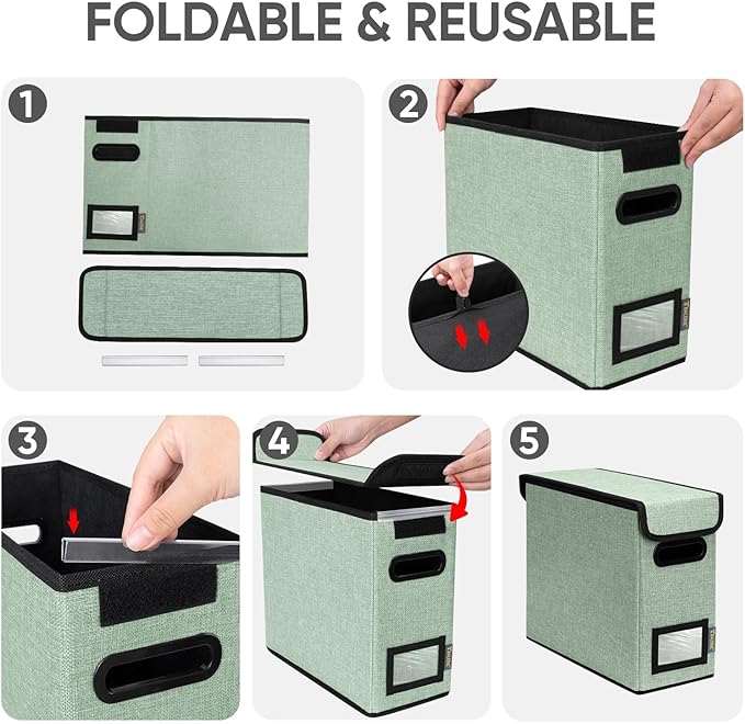BALEINE File Organizer Box with Lid, Collapsible File Folder Organizer with Plastic Slide, Hanging File Folder Box for Office Document Storage (2 Pack, Green, S)