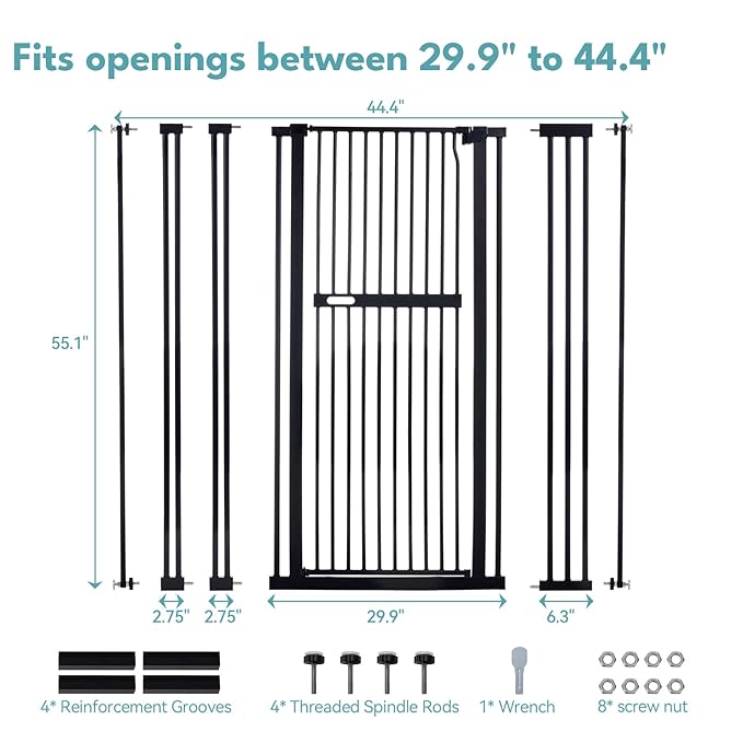 No Pawblems 55.1" Extra Tall Pet Gate for Cat/Dog, 29.9-44.4" Wide Auto Close Tall Cat Gate, NO Drilling Pressure Mounted for Doorways/Hallways, 1.37" Narrow Bar Spacing, Black