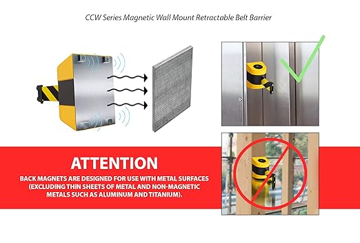 Crowd Control Warehouse - CCW Series WMB-230 Magnetic Wall Mount Retractable Belt Barrier - 30 Foot, Black and Yellow Safety Belt with Black ABS Case
