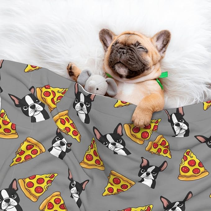 Two Sided Plush Pet Blanket for Crates Carriers Home Use, Grey Boston Terrier Dog Pizza, Reversible Throw with Cozy Dot Fabric and Silky Reverse for Small Large Pets