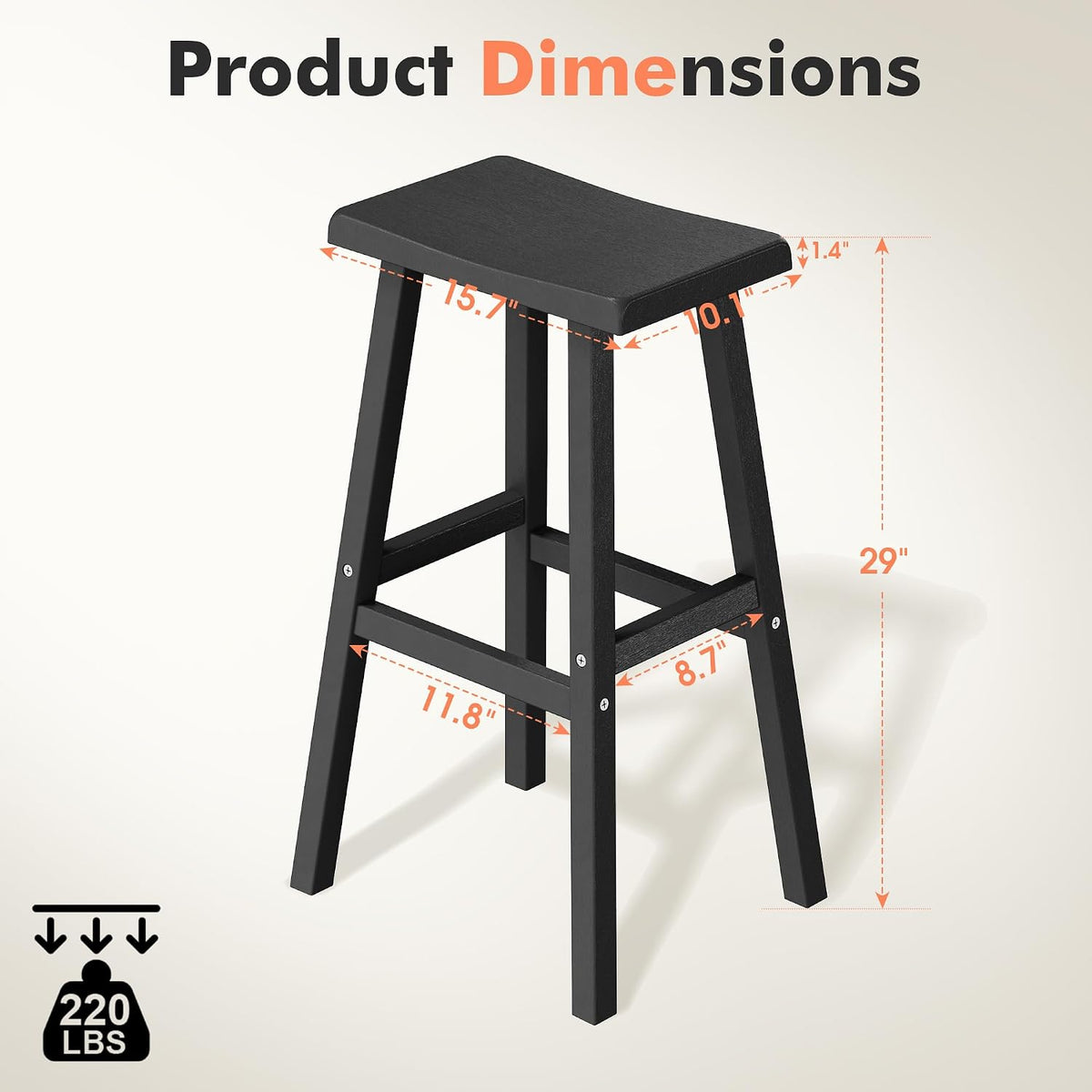 KAMABOKO 2 Set 29" HDPE Bar Stools Set Outdoor, Durable Resin Bar Chairs with Footrest, Weatherproof & Ergonomic Barstools for Patio, Deck & Poolside, Black