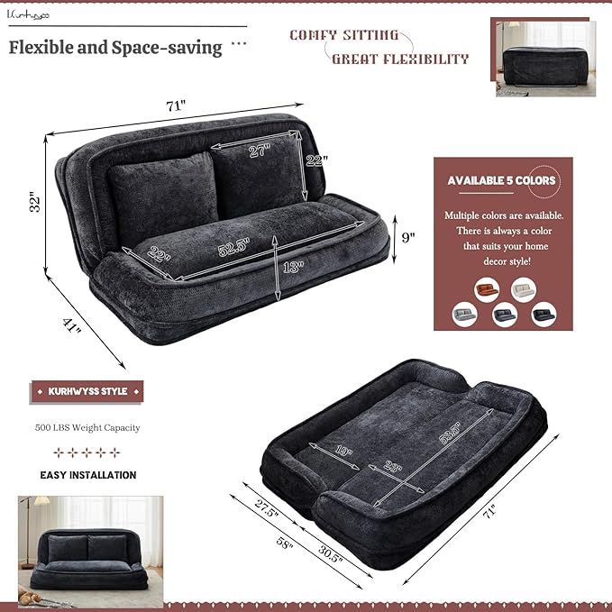 Extra Large Human Dog Bed for Adult & Pets, Convertible Floor Sofa Bed with 5 Adjustable Position, Lazy Couch Giant Bean Bag Lounge Chair Comfy Tatami with 3 Pillows for Bedroom Living Room (Black)