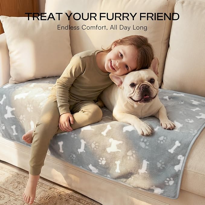 Luciphia 1 Pack 3 Blankets, Cute Dog Printed Fluffy Fleece Pet Blanket for Dogs Cats Washable, Warm Soft Throw Cover for Crate Couch, Gifts Puppy Essentials, Blue/Grey/Khaki, Medium (30x20 inch)