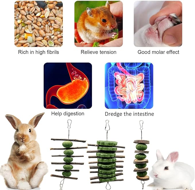 BallHull 3 Pcs Bunny Teeth Grinding Chew Toys, Apple Branch Chewing Sticks with Grass Ball and Grass Cake for Rabbits Bunnies Hamsters Guinea Pigs
