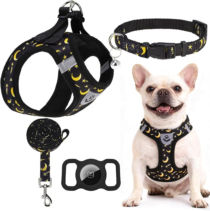 EXPAWLORER Small Dog Harness and Leash Set - Cute Puppy Harness Leash Dog Collar with AirTag Holder Silicone Case, Soft Padded Step in Pet Vest Reflective for Outdoor Walking, Star-Moon M