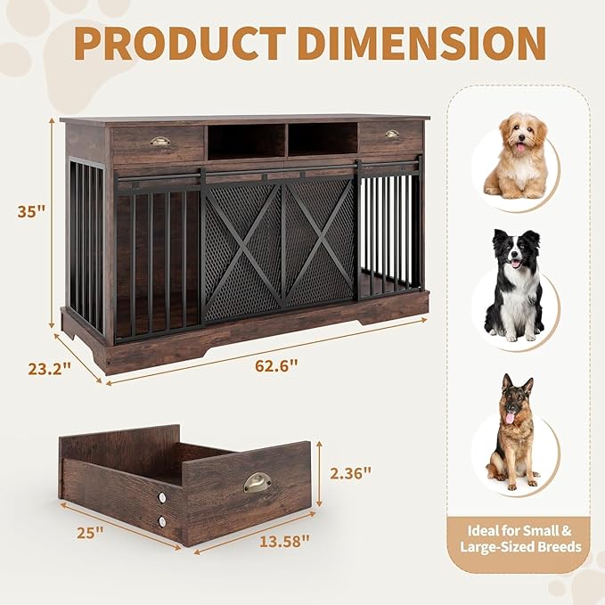 63 Inch Dog Crate Furniture with Double Doors, Modern Farmhouse Indoor Kennel for Small to Medium Dogs, Dual Drawer Storage TV Stand, Media Console and Sideboard, Versatile Pet Cabinet