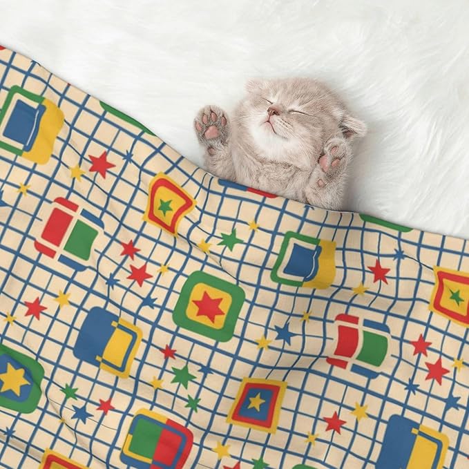 Pet Blanket for Indoor Outdoor Use, Abstract Mid Century Modern Grid, Two Sided Reversible Plush Mat with Bumpy Dot Texture for Patios Crates Portable Bed Companion