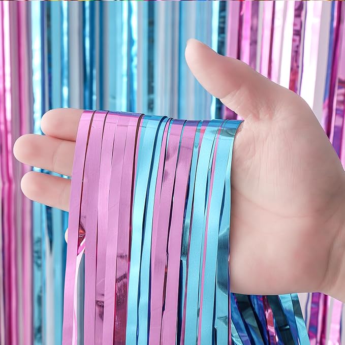 3 Pack 3.3x8.2 Feet Blue and Pink Foil Fringe Backdrop Curtains, Tinsel Streamers Birthday Party Decorations, Fringe Backdrop for Graduation, Baby Shower, Gender Reveal, Disco Party