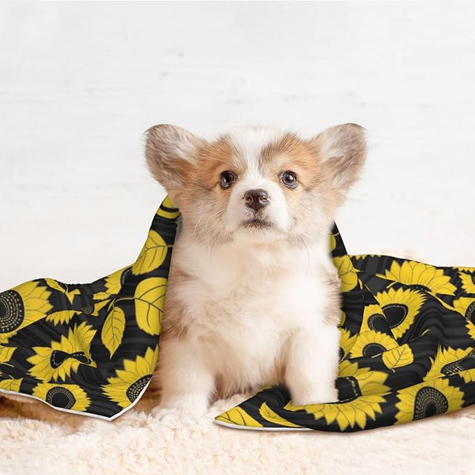 Double Sided Pet Throw for Dogs Who Shed, Abstract Yellow Sunflower, Reversible Blanket with Nubby Dot Side Catches Loose Fur for Easier Furniture Cleanup