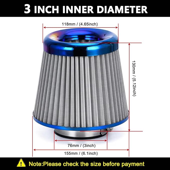 Cold Air Intake Filter, High Performance, Washable Filter, Clamp-On Replacement