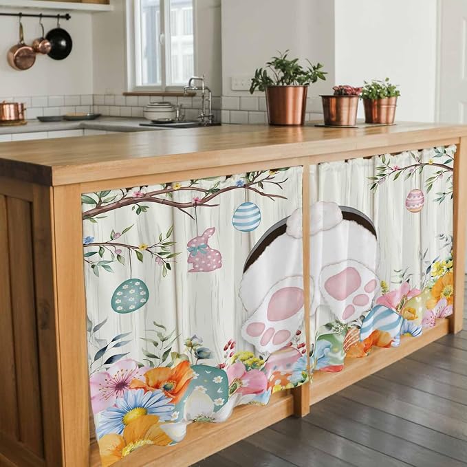 Easter Kitchen Tier Curtains 24 Inch Long 2 Panel Set, Rod Pocket Cafe Small