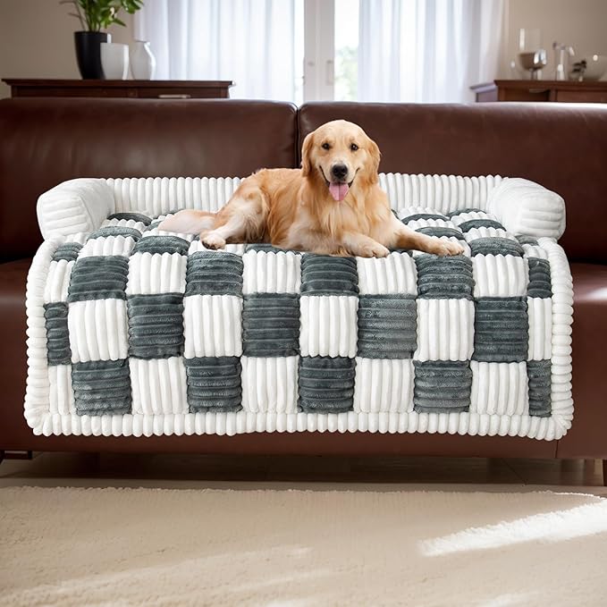 LiveGo Fuzzy Pet Couch Covers for Sofa, Dog Couch Cover Fuzzy Sofa Cover Cream Square Plaid Dog Bed Plush Dog Mat for Furniture Protector for Large Medium Dogs and Cats