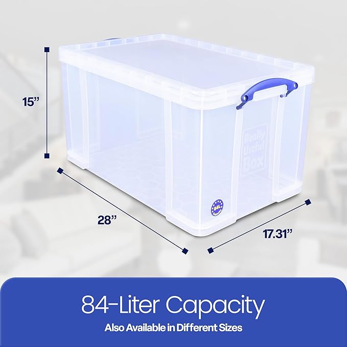 Really Useful Box 84 Liters Storage Container with Snap Lid and Clip Lock Handle for Lidded Home and Item Storage Bins, 4 Pack, Clear