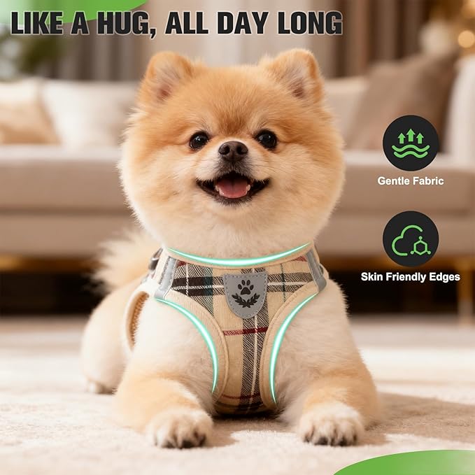 EXPAWLORER Plaid Small Dog Harness and Leash Set with AirTag Holder - No Pull Soft Padded Step in Dog Vest Harness Medium Sized Dog, Reflective Puppy Harness, Collar and Leash for Walking, Khaki S