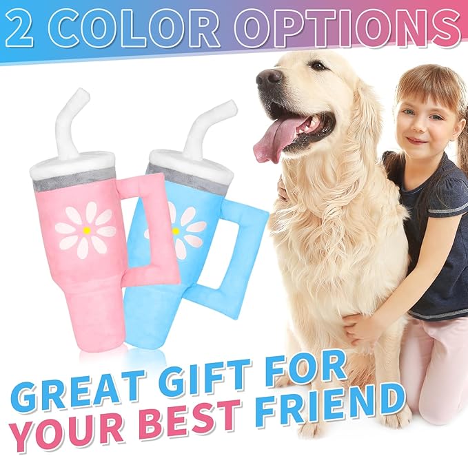 Squeaky Dog Toy - Crinkle Pup Cup Tumbler Plush Dog Toy with Cute Daisy Design for Small Medium Breeds, Funny Interactive Puppy Birthday Gift (Blue)
