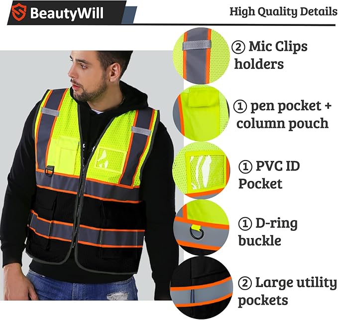 BeautyWill Custom Mesh Safety Vest Customized Logo Class2 High Visibility Reflective Vest with Pockets Construction workwear （Yellow Black，M ）