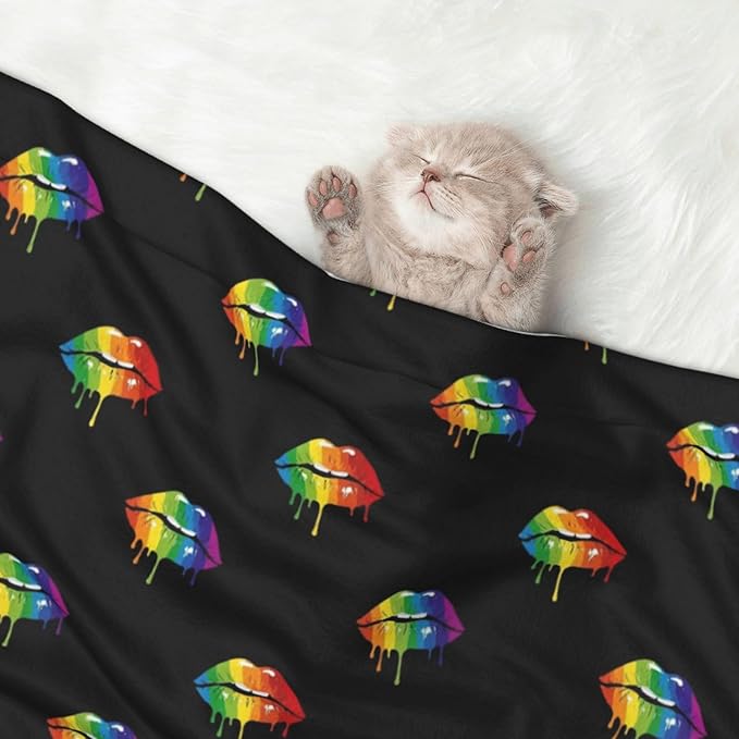 Reversible Pet Blanket for Easy Cleaning Maintenance, LGBT Gay Homosexual Lesbian Rainbow Lips Pride, Double Sided Plush Dot Design Means Double Use Between Washes for Convenience