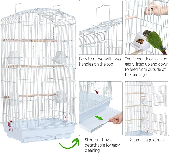 Yaheetech 41'' Open Top Medium Size Quaker Parrot Bird Cage Cockatiel Indian Ring Neck Sun Parakeet Green Cheek Conures Lovebird Budgie Canary Finch Parrotlet Bird Cage, White