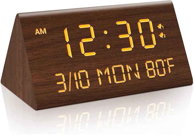 Kogonee Wooden Digital Alarm Clock, 0-100% Dimmer, 2 Alarm Settings,