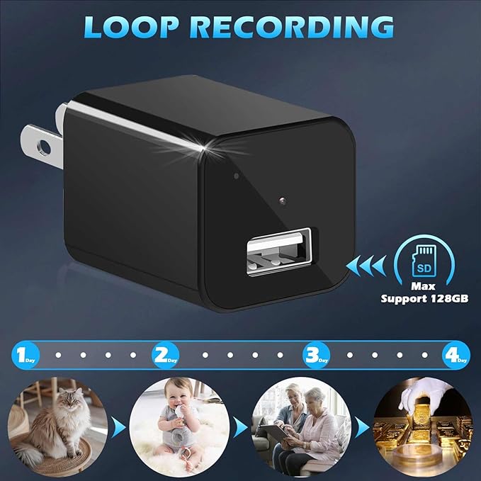 USB Charger Camera, 1080P HD Smart Security Cameras Indoor Pet Nanny Cam with Motion Detection, Loop Recording Mini Video Recorder for Home, No Audio