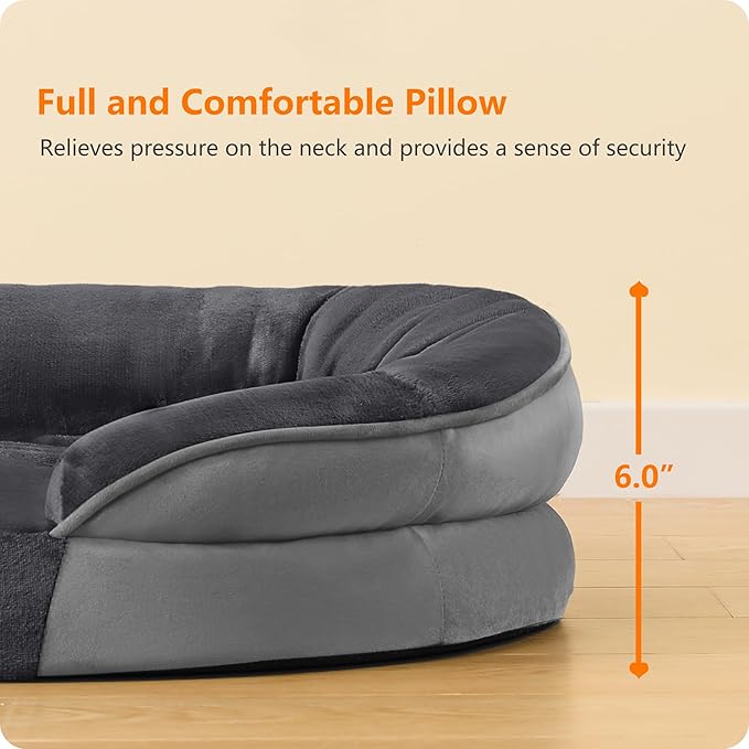 Dwanton Orthopedic Dog Bed for Large Dogs with Gel Memory Foam, Waterproof Dog Sofa, Washable Pet Bed with Four Sided Bolster Cushion, Removable Cover & Non-Slip Bottom, 38", Dark Gray