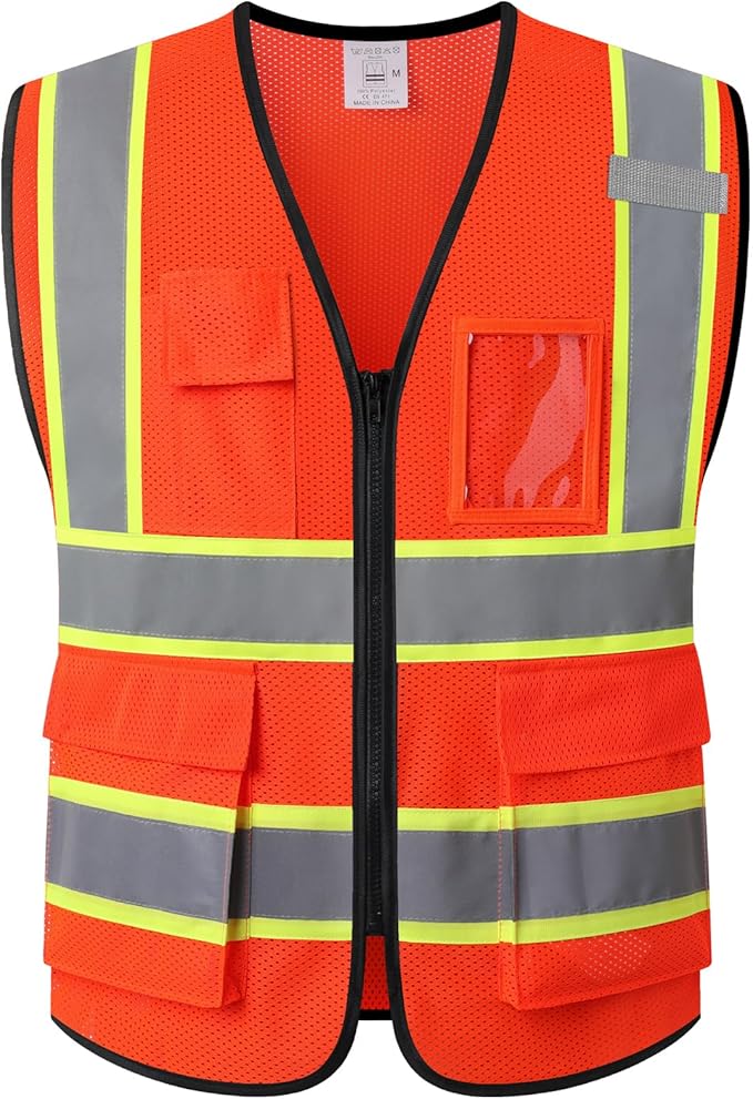 Safety Vest for Men Women Reflective with 5 Pockets and Zipper Front Mesh High Visibility Vest Hi Vis Construction Work Vest,Meets ANSI/ISEA Standards(EK175-Orange-M)