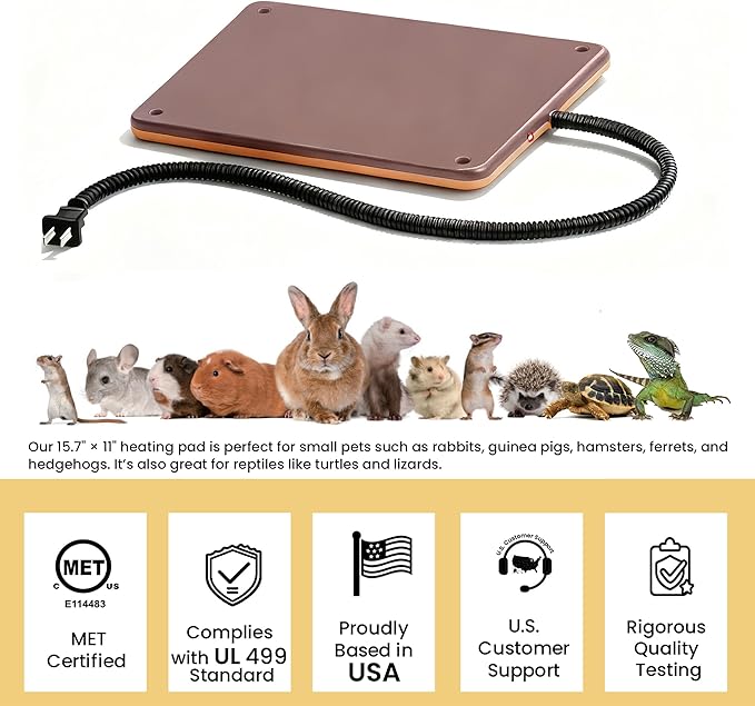 Small Animal Heating Pad, Small Animal Bed, Large Outdoor/Indoor Winter Thermal Heating Pad for Rabbits, Guinea Pigs & Chickens, Waterproof & Chew-Resistant, 30W Energy-Efficient, 15.7" x 11"