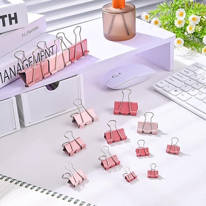 Temiary 208 Pcs Metal Binder Clips, Assorted Sizes Extra Large, Large, Medium, Small, Mini, Micro Binder Paperwork Clip, Morandi Colored Paper Clamps Bulk for Office, Home, School (Pink)