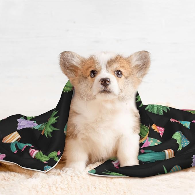 Double Sided Plush Pet Blanket for Small Large Animals, Succulent Cactus Potted Plants, Reversible Throw with Dimpled Dot Side and Flat Side for Kennels Living Rooms