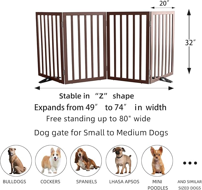 ZJSF Freestanding Indoor Dog Gate for House Foldable Wood Puppy Gate for Doorways Pet Gate for Stairs Extra Wide Pet Fence, Brown, 32" Height 4 Panels
