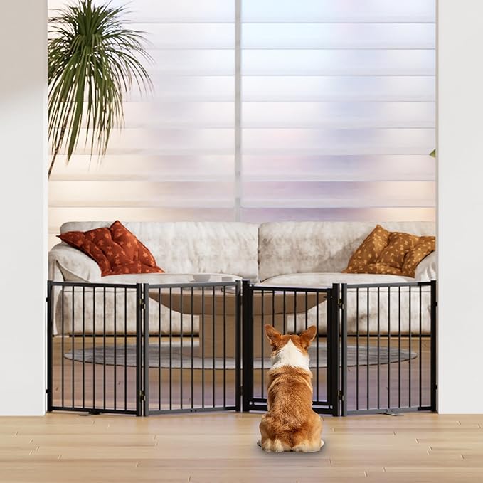 Full Metal Freestanding Dog Gate with Door, 24'' Height Foldable Pet Dog Fence for Indoor & Outdoor, 4 Panels Extra Wide Free Standing SmallDog Gates for Doorways,House,Stairs,Porch,Deck,Yard