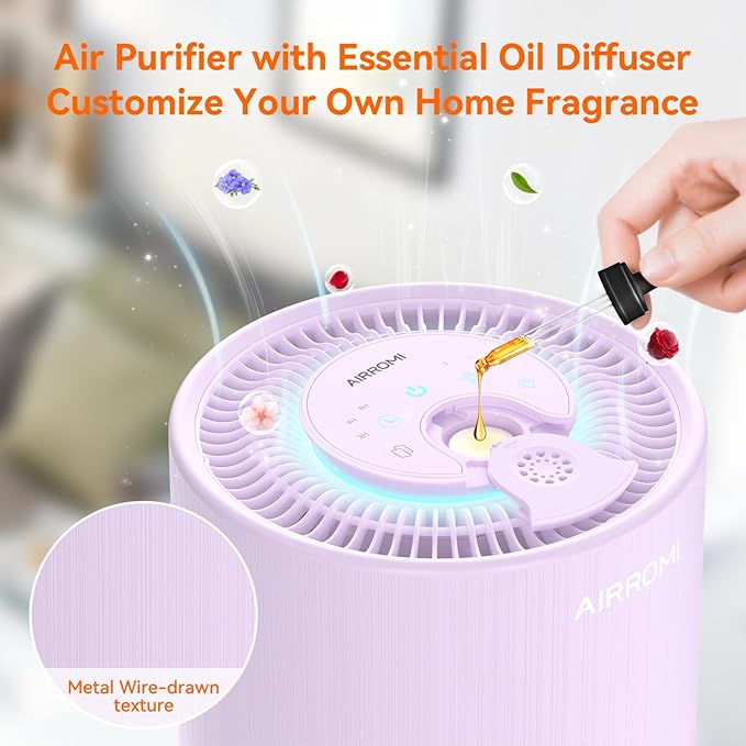AIRROMI Air Purifier for Bedroom with HEPA 3-in-1 Filter, Pet Air Purifier for Home Cat Pee Smell, Covers Upto 990 Ft², Quiet 360°intake Air Cleaner for Pet Hair,Allergies,Pollen,Smoke A2001 Purple