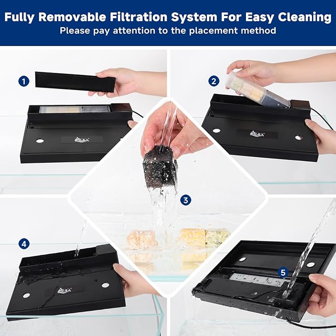 AQQA Small Glass Fish Tank，2.4 Gallon Self Cleaning Aquarium Starter Kits,USB External Controller,Adjustable 4 Color Lighting,Individually Controlled Upper Filtration System Black