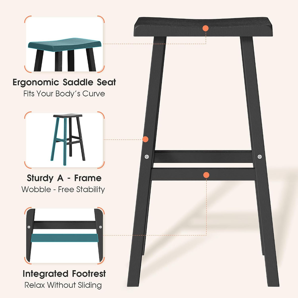 KAMABOKO 2 Set 29" HDPE Bar Stools Set Outdoor, Durable Resin Bar Chairs with Footrest, Weatherproof & Ergonomic Barstools for Patio, Deck & Poolside, Black