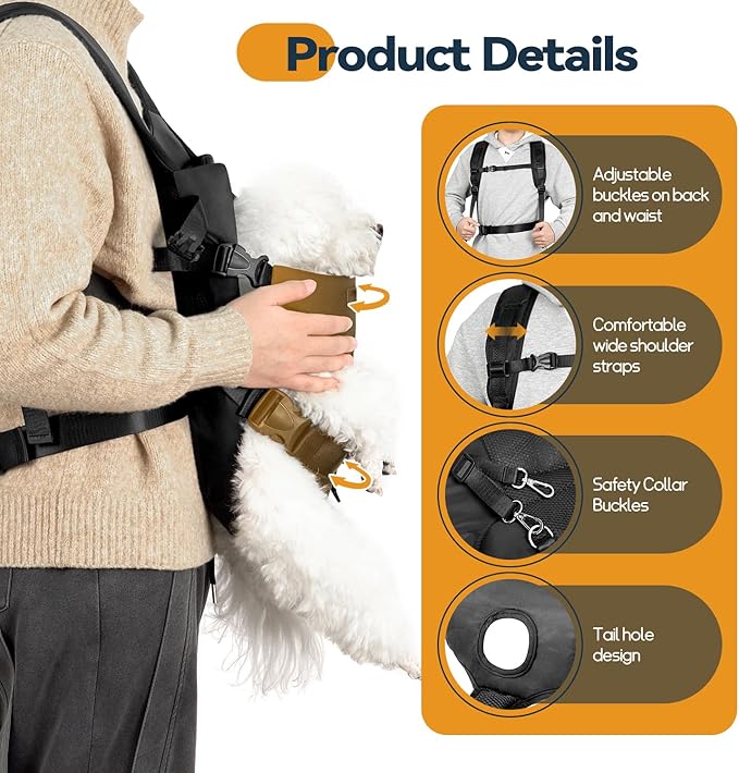 Dog Front Carrier Backpack, Legs Out Secure-Fit Pet Chest Carrier for Small Dogs (6-24 lbs), Adjustable Pet Carriers with Safety Belt, Hands Free Dog Backpack Carriers for Hiking Cycling (M, Black)