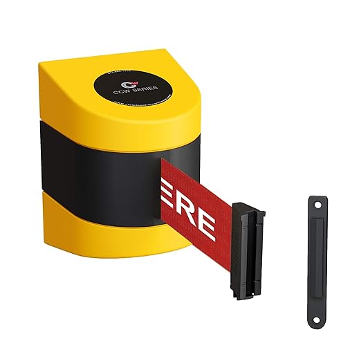 Crowd Control Warehouse - CCW Series WMB-220 Fixed Wall Mount Retractable Belt Barrier - 15 Foot, Red"Please Wait HERE" White Letters Belt with Yellow ABS Case