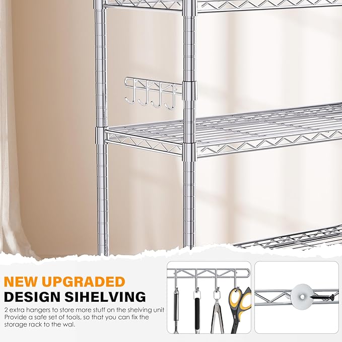 YNN Storage Shelves,1750Lbs 5 Tier Heavy Duty Metal Rolling Shelving Unit with Wheels & 8 Hooks, Adjustable Garage Wire Rack for Kitchen, Bathroom,Industrial,Pantry(36" W x 14" D x 72" H, Chrome)