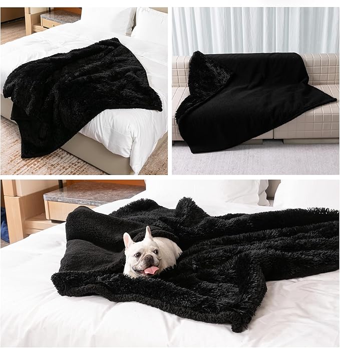 Black Pet Calming Couch Throw Blankets for Dogs Waterproof Dog Blanket Fluffy Long Faux Fur for Little Dog Cat Puppy Mat Washable(Black,XS-28 * 20in)