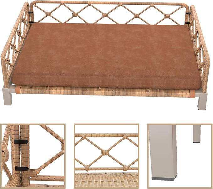 Dog Bed, Outdoor Waterproof Elevated Dog Couch with Washable Removable Cushion, Boho Rattan Wicker Orthopedic Indoor Raised Pet Sofa for Large Dogs (40" x 25", Brown)