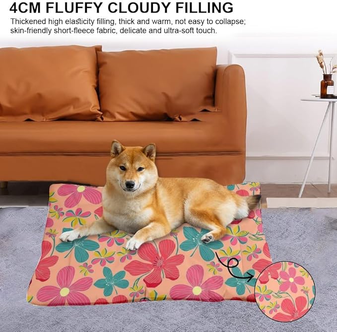 Pastel Pink Floral Dog Beds and Furniture Washable Mat Dog Crate Pad Washable Bed for Crate Non-Slip Bed Dogs Beds for Medium Dogs Small Mat Paw Cushion Indoor Outdoor 24X18 Inch
