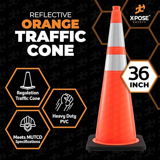 Xpose Safety 36 Inch Orange Traffic Cones with 6" & 4" Collars, 24-Pack - Multipurpose PVC Plastic Safety Cone for Parking, Soccer, Caution, Kids and Construction - DOT Approved