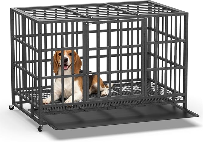42 Inch Heavy Duty Dog Crate, Indestructible Escape-Proof Dog Kennel for High Anxiety Large Dogs, Strong Metal Pet Cage with Double Doors, Lockable Wheels & Removable Tray, XL XXL XXXL