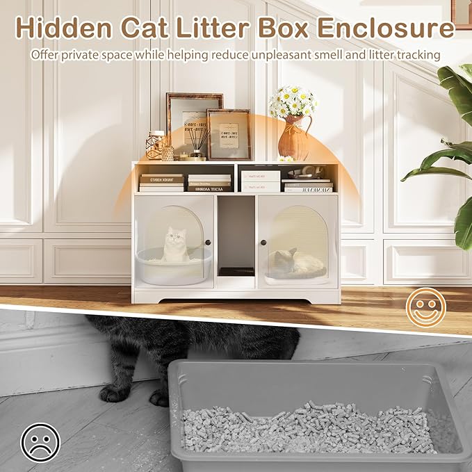 PETSITE White Double Litter Box Enclosure, 43 Inch Modern Cat Hidden Litter Box with Shelves, Double Rooms, Scratching Board, and 2 Sisal Mats, Indoor Wooden Kitten House End Side Table