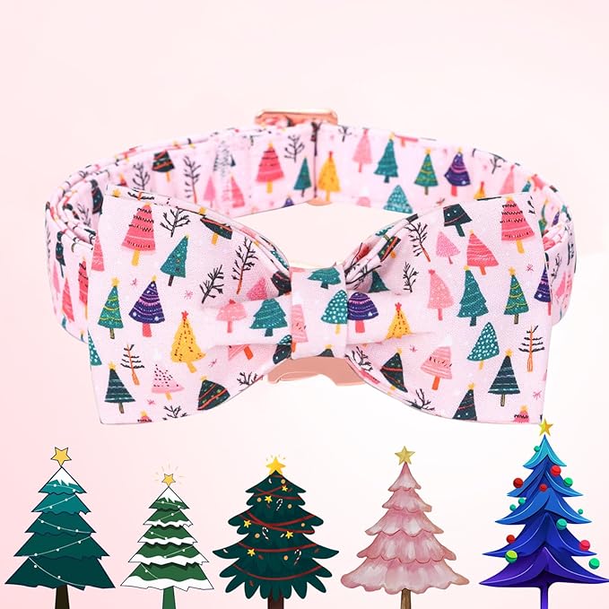 Christmas Dog Collar, Pink Christmas Tree Soft Comfortable Collars with Bow Adjustable Pet Collar with Premium Metal Buckle Puppy Necklace for X-Small Girl Dogs