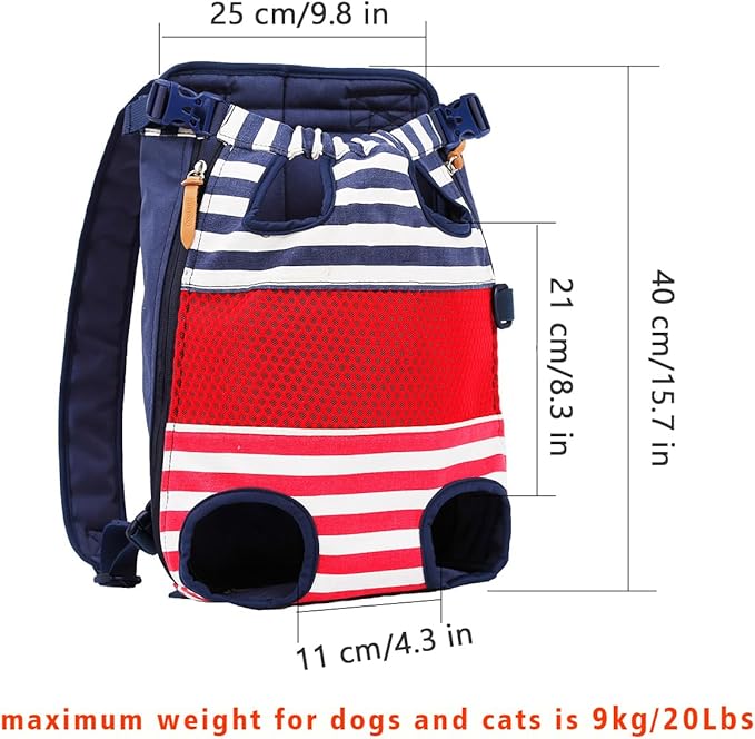 Lifeunion Legs Out Dog Carrier Backpack Hands-Free Adjustable Pet Travel Carrier for Small Medium Dogs Cats Motorcycle Hiking Walking (Red and Blue Stripes)