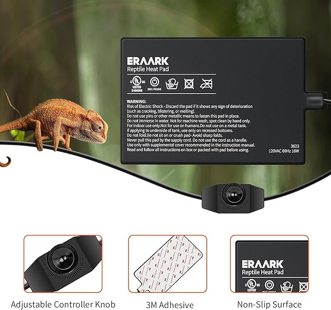 Reptile Heating Pad 8" X 12" with Temperature Adjustable Controller Knob, 16W Terrarium Heating Mat for Reptiles Amphibians Hermit Crab Snake Lizard Turtles Lizards (8"X 12" with Adjust Knob)